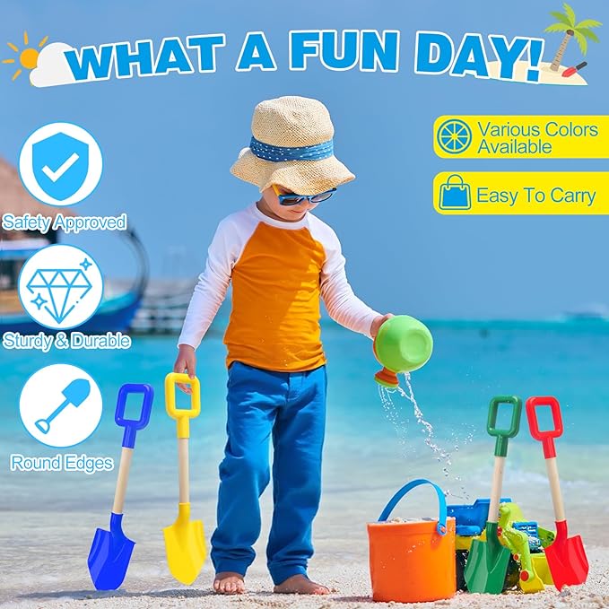 Mototo 4 Pack Beach Shovels, 16'' Plastic Beach Sand Toys Spade Scoop Gardening Tools Kit Sandbox Wooden Handle Spades for Kids Adults Garden Outdoor Snow Backyard Sand Summer (4 Pack, Bright Series)