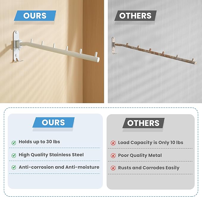 Clothing Racks for Hanging Clothes, Garment Racks Wall Mounted Clothes Bar-Hanger Holder Hooks Heavy Duty Folding Drying Rack Space Saving Clothing Hanging System Closet Storage Organizer