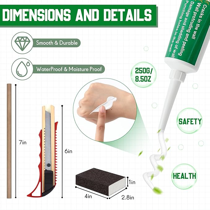 22 Pcs Drywall Repair Kit with 12x12x1/2" Drywall Repair Panel, Sheetrock Hole Patch Kit with Wall Patching Paste, Sanding Block, Putty Knives, to Fill Large Holes for Home Wall Surface Ceiling