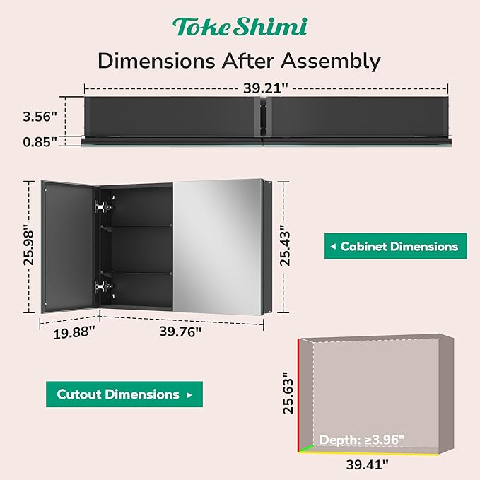 TokeShimi 40x26 Bathroom Medicine Cabinet with Mirror Tempered, Aluminum Black Mirrored Medicine Cabinet Recessed or Surface Mount with Adjustable Storage Metal for Modern Farmhouse