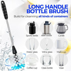 Holikme Bottle Brush Cleaner Set, 14" Long Handle Stainless Steel Bottle Cleaner Brush, 3 Straw Cleaner Brush, Bottle Cleaning Brush for Water Bottle, Cups, Abrasive Flat End Brushes, Straws White