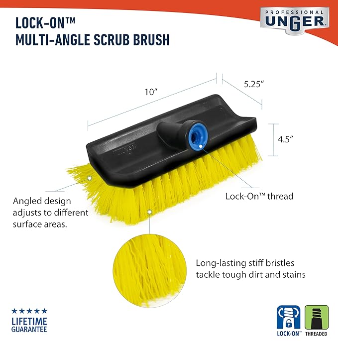 Unger Professional HydroPower Lock-On 10” Bi-Level Scrub Brush, Cleaning Supplies, Scrubber Tool, Compatible with Waterflow Poles, Use in Garage, Driveway, Deck, Concrete, Cement, and Brick
