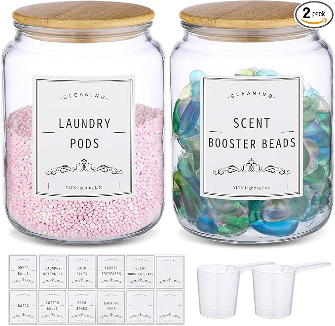 Laundry Pods Container With Airtight Bamboo Lid,Glass Jars for Laundry Room Organization Jar. Dishwasher pods container.1/2 Gallon Laundry Jars for Detergent Powder,Scent Boosters,Laundry Room Storage