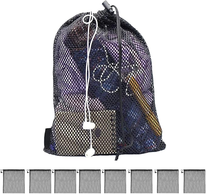 8PCS Mesh Bags Drawstring Bag Set - Nylon Mesh Drawstring Bags with Cord Lock Closure - Delicates Laundry Bag For Washing Machine - Small Gym Bag for Basketball, Volleyball, Football, Golf Stuff Balls