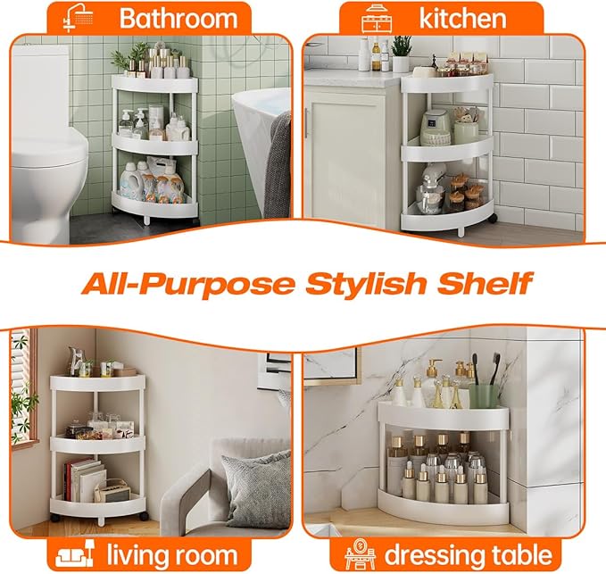 Rolling Cart with Wheels 3 Tier Bathroom Organizer Mobile Shelving Unit Utility Cart Tower Rack Multifunction Utility Storage carts, Kitchen Storage Organizer for Kitchen Laundry Narrow Places, White