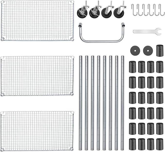 WDT Heavy Duty 3 Tier Utility Cart,Wire Rolling Carts with Wheels, Commercial Grade Service Cart with Shelving Liners and Handle Bar Metal Carts for Kitchen Office Hardware (750LBS Capacity Silver)