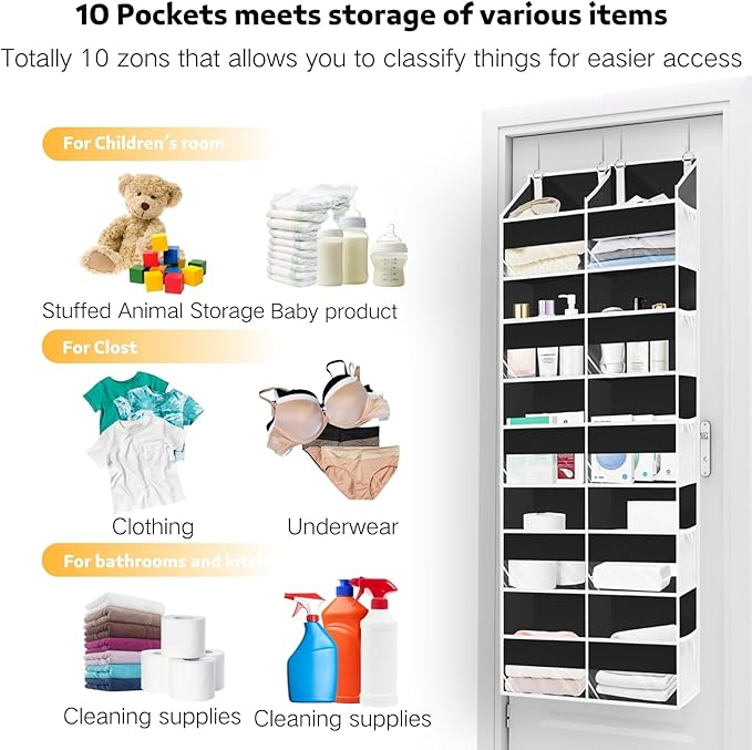 Over the Door Organizer 5 Tiers, Extra Large Behind Door Storage of 10 Compartments, 80 lbs Weight Capacity Hanging Storage Organizer with Clear Window Kids Toys, Shoes, Diapers, Room storage