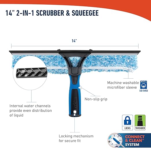 Unger Professional 2-in-1 Squeegee and Scrubber, 14” Window Cleaning Tool and 8’ Connect & Clean Pole, Essential Glass Supplies for Commercial and Residential Use, Microfiber Sleeve