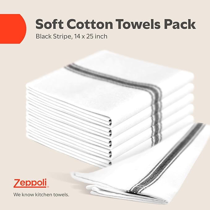 Zeppoli Classic Kitchen Towels - 30 Pack 100% Natural Cotton Towel Set, Reusable Wash Cloths, Absorbent Dish Towels, Machine Washable Hand Towels, Kitchen Essentials, 14” by 25”, Black Striped