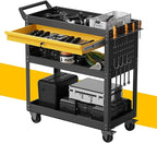 3 Tier Rolling Tool Cart on Wheels, Heavy Duty Utility Cart, Work Cart with Drawers and Pegboards, 440 LBS Loading Capacity Tool Storage Trolley for Mechanic, Garage, Workshop
