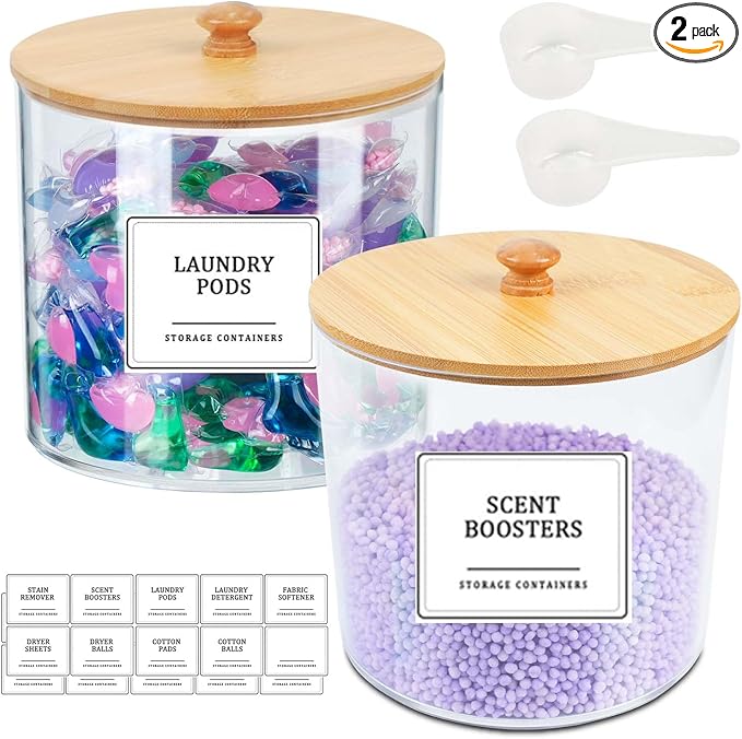 2 Pack Laundry Pods Container,Clear Laundry Room Organization Containers,Large Laundry Detergent Powder Storage Containers with Bamboo Lids & Labels for Scent Booster,Powder,Pods