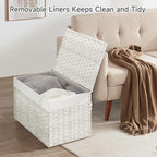 180L Wicker Storage Basket with Lid, Handwoven Rattan Large Shelf Basket with Removable Liner, 47.6 Gallon Wicker Basket for Blanket, Storage Trunk with Handle for Closet, Bedroom, Livingroom, White