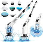 Electric Spin Scrubber, Shower Cleaning Brush with 8 Replaceable Brush Heads, IPX7 Waterproof & 50KGF High-Torque Motor, Adjustable Long Handle, for Bathroom, Kitchen, Tile & Floor Cleaning