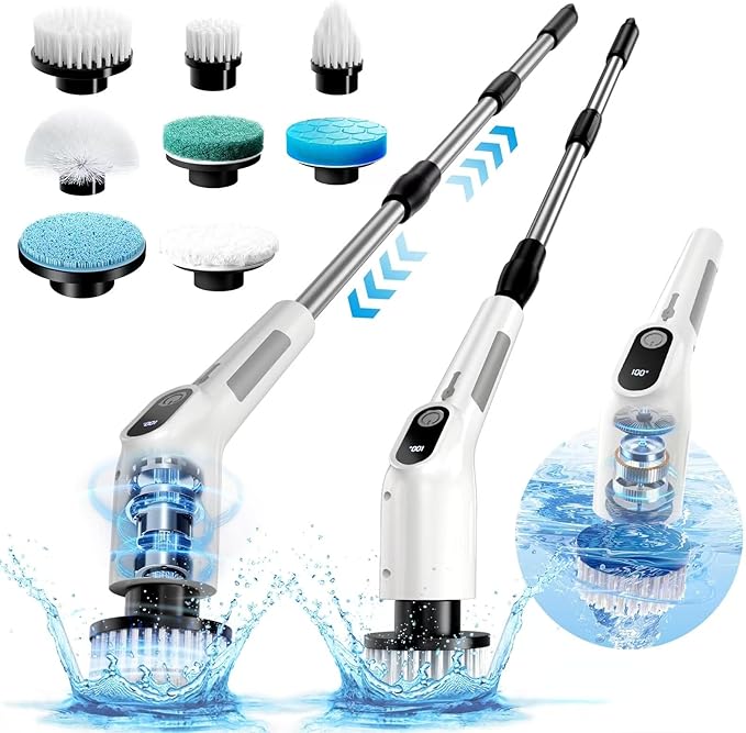 Electric Spin Scrubber, Shower Cleaning Brush with 8 Replaceable Brush Heads, IPX7 Waterproof & 50KGF High-Torque Motor, Adjustable Long Handle, for Bathroom, Kitchen, Tile & Floor Cleaning