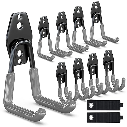3-H Garage Wall Hooks 10 Pack, Heavy Duty Garage Hooks with Extra Welding Spots, Wall Mount Storage Organizer for Hanging Garden Lawn Tools, Chair, Shovel, Blower, Toolkit (Grey)