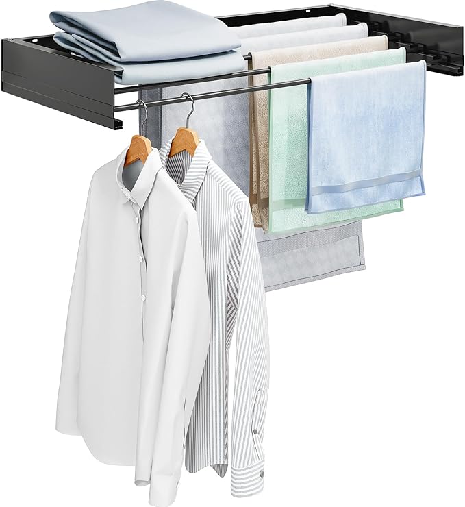 APEXCHASER Wall Mounted Clothes Drying Rack, Foldable Wall Mount Laundry Rack Folding Indoor, Drying Rack Clothing Collapsible, Hidden Space Saver with Wall Template, 5 Rods, Black