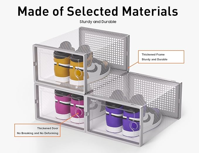 Kuject X-Large Shoe Storage Boxes Organizers Clear Plastic Stackable 12 Pack, Shoe Rack & Holder Substitute, Sneaker Containers, Toy Storage Organizer Bins for Entryway, Closet, Under Bed, Grey