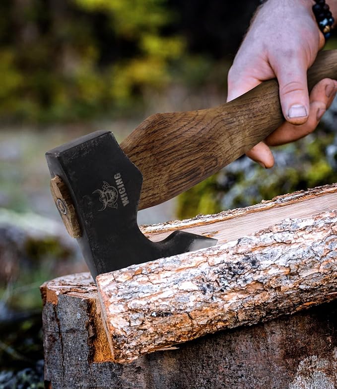 Camping Hatchet - 15.2 inches Chopping Axe for Wood Splitting and Kindling, 1065 High Manganese Steel and Beech Wooden Handle, with Leather Sheath