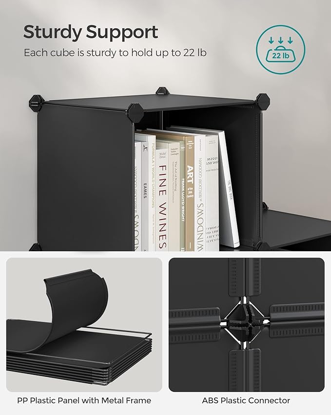 SONGMICS 6 Cube Storage Organizer, Modular Bookshelf, DIY Closet Organizers and Storage, Plastic Stackable Shelves, 14.6 x 13 x 13 Inch Cubes, with Feet and Rubber Mallet, Black ULPC206B01