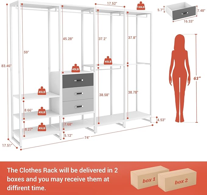 Aheaplus Wood Clothes Rack Wardrobe Closets for Hanging Clothes Heavy Duty Garment Rack, Large Corner L Shaped Closet System Organizer Walk-in Closet for Bedroom with 3 Wood Drawers, White Oak