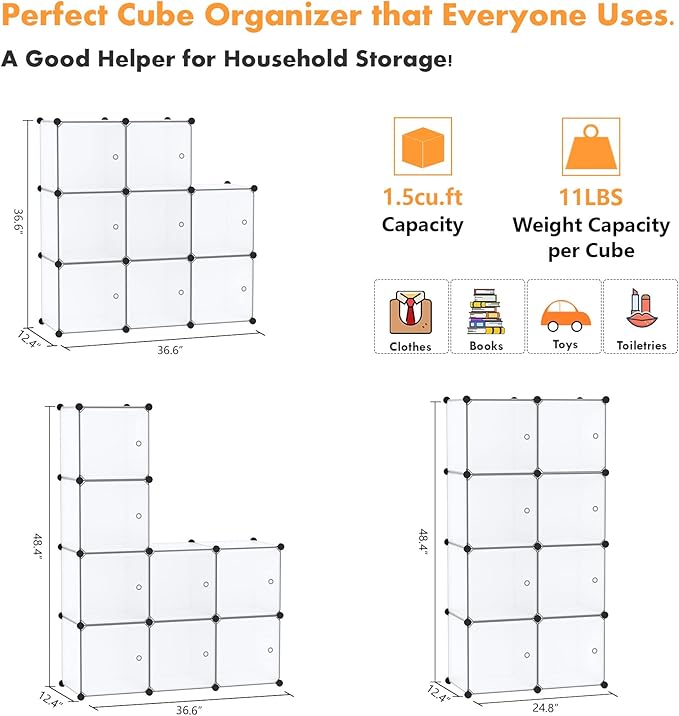 C&AHOME Cube Storage Organizer with Doors, 8-Cube Shelf, Closet Cabinet, DIY Plastic Modular Bookshelf, Storage Shelves Ideal for Bedroom,Living Room,24.8" L × 12.4" W × 48.4" H White USBTM3008B-DOOR