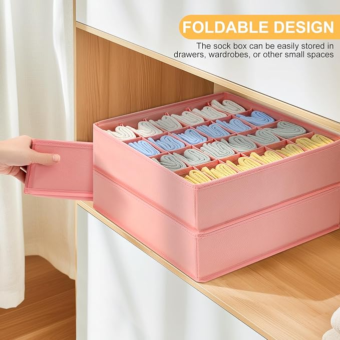 Sock Organizer 4 Pack - 24 Cell Foldable Underwear & Sock Storage, Drawer Organizer for Ties, Belts. (Pink)