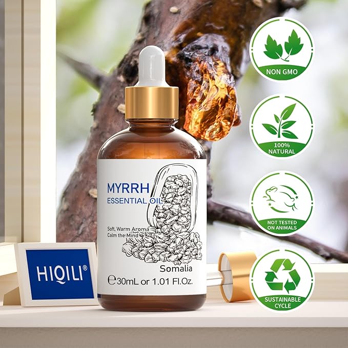 HIQILI Myrrh Essential Oil, for Skin, Massage, 100% Pure & Natural - 1.01 Fl Oz