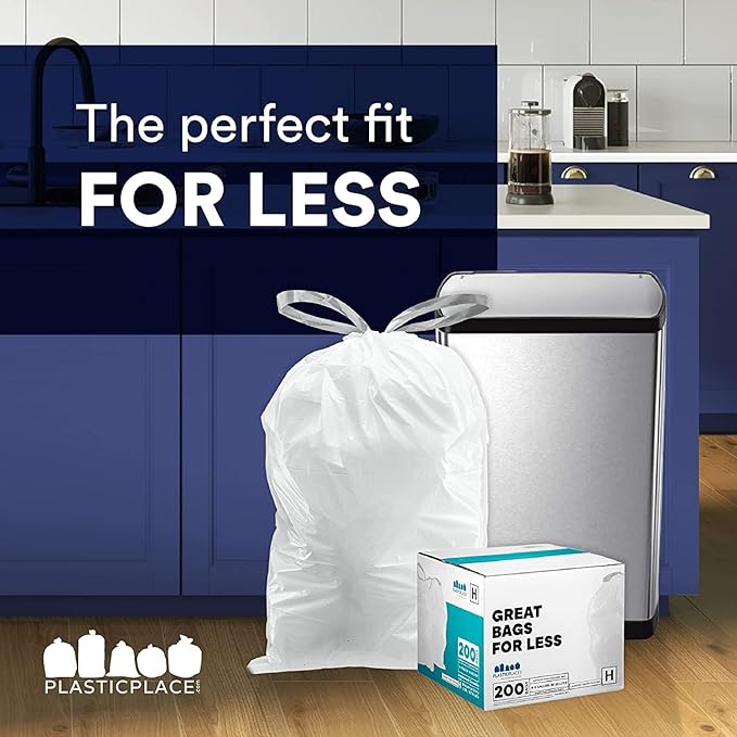 Plasticplace Custom Fit Trash Bags Compatible with simplehuman Code Q (200 Count) Drawstring Garbage Bags 13-17 Gallon White, Tear-Resistant Tall Kitchen Trash Bags for Garbage Cans Recycling 1.2 Mil