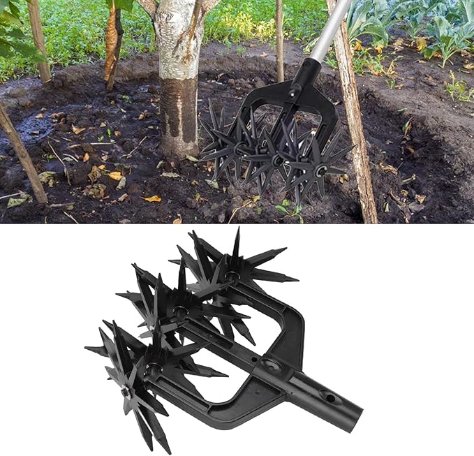 Garden Soil Scarifier, Rotating Cultivator Adjustable Manual Tiller Hand Tools Cultivators Tines Deep Plowing Aeration Reseeding Grass Mixing Loosening Handle Aerate Weed Cultivate Plant Reseed