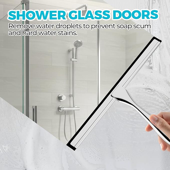 12-Inch All-Purpose Shower Squeegee for Shower Doors, Tile Shower Walls, Bathroom, Window, Glass and Car Windshield, Mirrors and Kitchen-Stainless Steel, Silver
