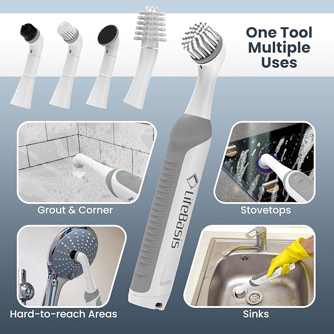 LifeBasis Rechargeable Power Scrubber, Cordless Electric Cleaning Brush, Water Resistant Small Electric Grout Brush with 5 Brushes for Home/Kitchen/Bathroom/Grout/Tile/Shower/Tub, White