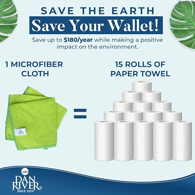 DAN RIVER 12-Pack Microfiber Towels – Ultra Absorbent, Lint-Free & Streak-Free dishwashing Rags for Home, Car & Kitchen - Must-Have Cleaning Essentials - 12" x 12" - Assorted