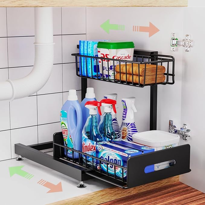 Under Sink Organizer And Storage,Pull Out Cabinet Organizer,2-Tier Slide Out Kitchen Basket Sink Shelf Cabinet Organizers,Adjustable L Shape Under Counter Organizers For Bathroom Kitchen Organization