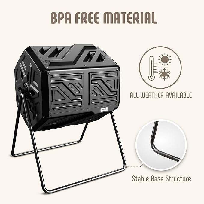 Compost Bin Outdoor Composter, Fast Assembly 43 Gallon Dual Chamber Outdoor Compost Tumbler, Heavy Duty Tumbling Rotating Composter for Patio, Garden,Yard, Black, Easy Setup, Gloves Included