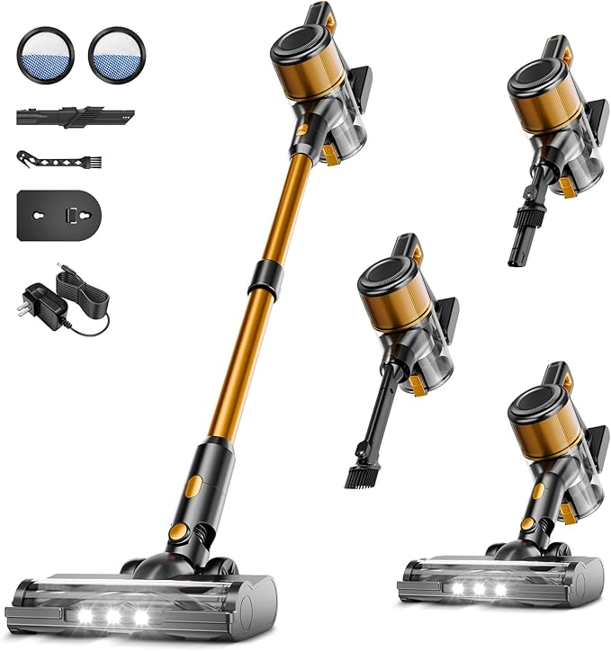 Cordless Vacuum Cleaner,55Mins/Powerful Vacuum Cleaners for Home,Stick Vacuums with 8 in 1,Touch Screen,LED Headlights, Anti-Tangle,Rechargeable,Lightweight for Carpet,Hard Floor, Pet Hair,Gold