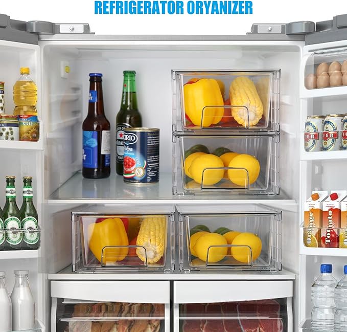 2 Pack Stackable Storage Drawers,Plastic Organizers Bins, Drawers Storage with Handles and Movable Dividers for Organization and Storage in Fridge,Dressers, Pantry, Kitchen Cabinets, Under Sink