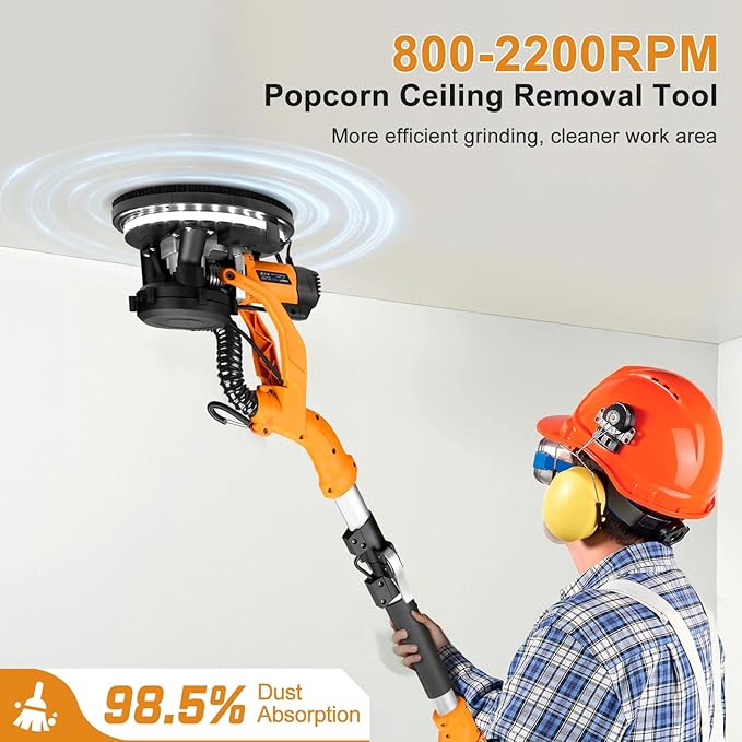 Electric Drywall Sander, 2200RPM Drywall Sander with Vacuum, 1000W Automatic Dust Collector with LED Light, Foldable Popcorn Ceiling Removal Tool with 6 Variable Speed &15Pcs Sanding Discs