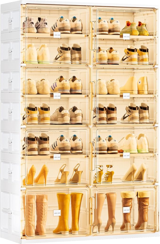 JEKO&JEKO 7-Tier Foldable Shoe Storage Box with Magnetic Doors, Large Stackable Shoe Organizer Cabinet for Entryway, Clear Front Door Shoe Boxes Hold Up to 28 Pairs (White)