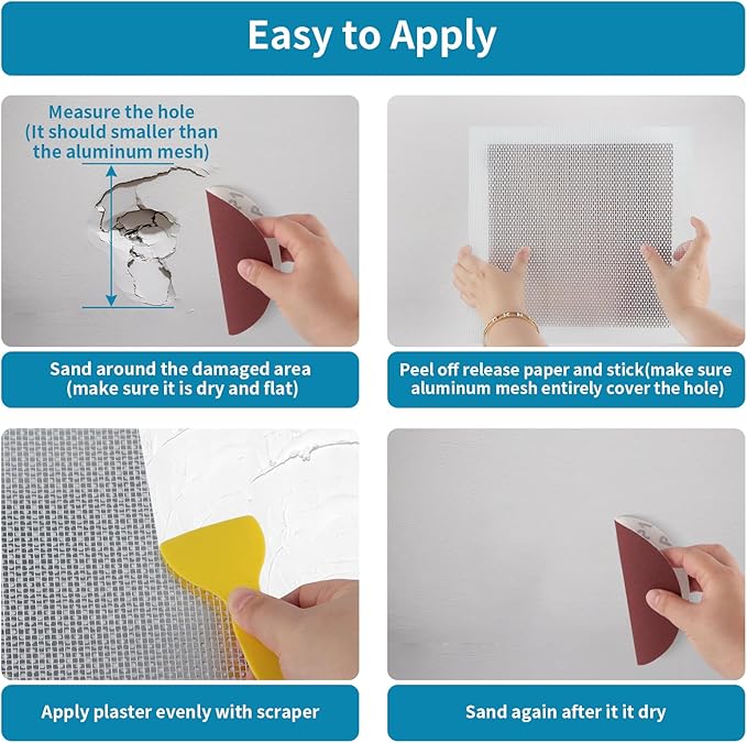 4 Pack Drywall Repair Self Adhesive Metal Mesh, 10" and 12" Large Wall Hole Patch Kit with Scraper and Sandpaper for Fixing Drywall, Plasterboard, Ceiling