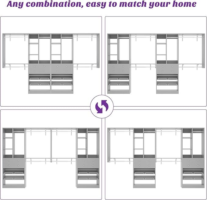 [10 FT Closet System] 120 Inch Reversible Set of 2 Wood Closet Organizer System with 4 Drawers, 6 Hanging Rods Adjustable Shelf, Shoe Rack, Morandi Grey