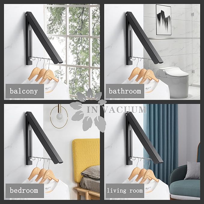 IN VACUUM Clothes Drying Rack, Laundry Racks for Drying Clothes, Wall Mounted Retractable Clothes Hanger for Laundry Room, Garage, Indoor & Outdoor Use, Aluminum (1 Racks, Black)