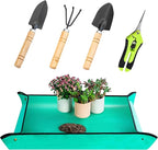 Reusable and Durable 5pcs Green Solid Lacquered ironsteel Garden Tool Set with Spade, rake, Shovel, and 6.5 inch Plant Shears, Waterproof repotting mat for Indoor and Outdoor Plants