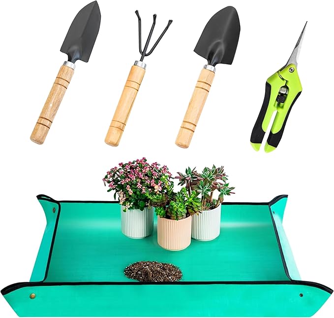 Reusable and Durable 5pcs Green Solid Lacquered ironsteel Garden Tool Set with Spade, rake, Shovel, and 6.5 inch Plant Shears, Waterproof repotting mat for Indoor and Outdoor Plants