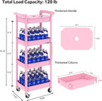 Utility cart with Tabletop 4 Tier Rolling Cart Organizer with Wheels Movable Storage Cart for Office, Living Room, Kitchen, Craft Room, Pink