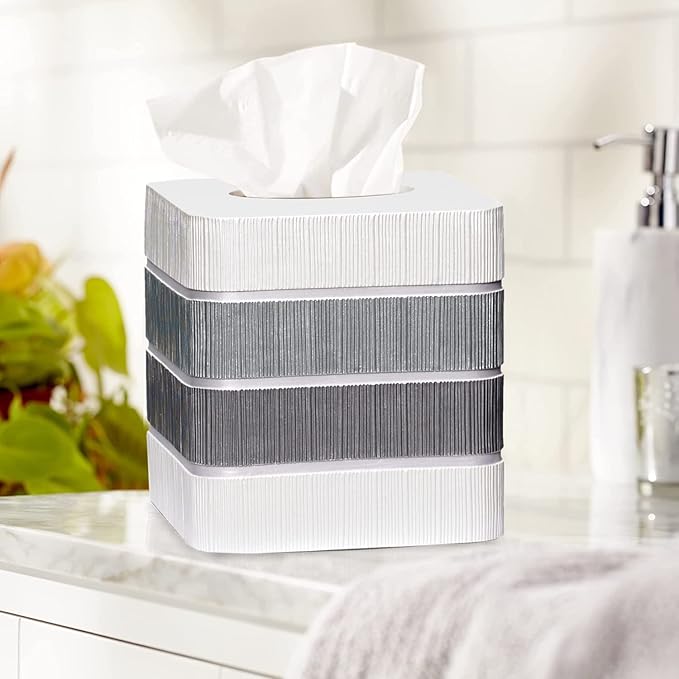 Zahari Home 2pc Modern Line Stylish Bath Accessories Set Waste Basket & Square Tissue Box Cover Classic Contemporary Decorative Beautiful Designs Gray Bathroom Decor Set for Home Modern Bath Set