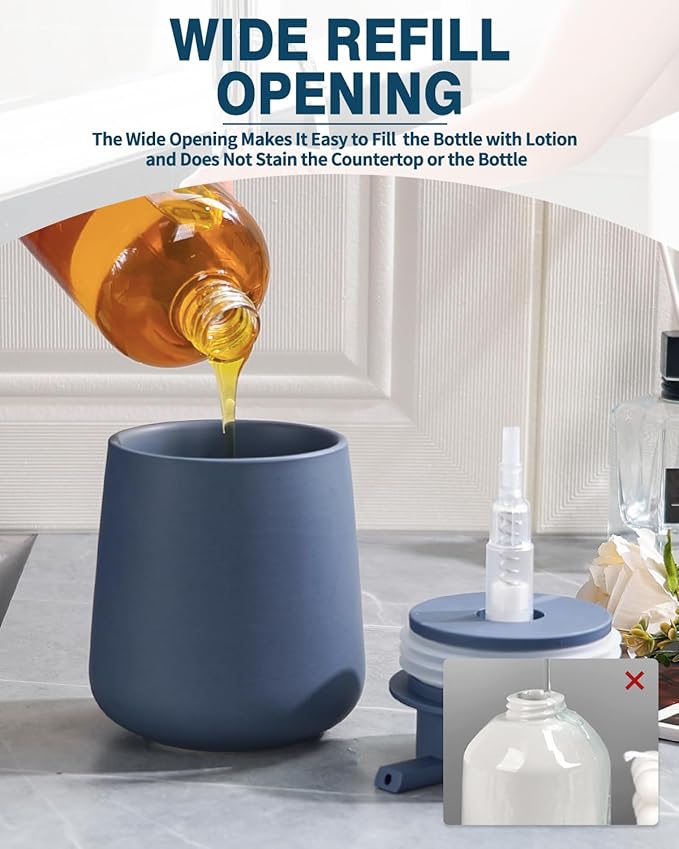 Bosilunlife Soap Dispenser Bathroom - Blue Ceramic Soap Dispenser Lotion Hand Pump Dish Soap Bottle for Kitchen 12oz Refillable Liquid Hand Wash Dispenser for Bathroom