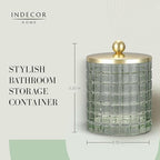 Sage Colored Tranlucent Apothecary Etched Geometric Grid Glass Jar W/Gold Metal Lid Cover for Bathroom Organization, Cotton Balls, Q Tips, and Small Accessories, Bathroom Storage