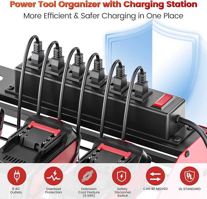 [2025 Upgraded] Power Tool Organizer Wall Mount with Charging Station, [5-Layer 220 LBS Heavy Duty], Metal Garage Tool Organizer Storage, Tool Battery Utility Racks for Room Garage Workshop Workbench