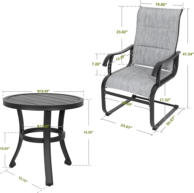 NUU GARDEN 3 Pieces Outdoor Bistro Set, 2 Patio Chairs with 20" Round Patio Table, Textilene Chairs and Iron Side Outdoor Table for Patio, Deck, Garden, Gray and Black