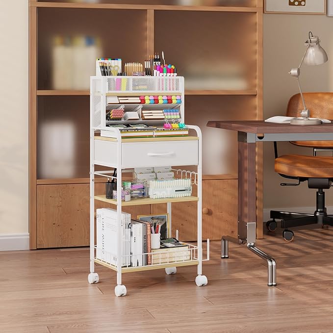 Art cart, 3 Tier Rolling Cart - Utility Cart with Storage Drawer and Wheels, Versatile Art & Craft Organizer for Home, Office, or Studio Ideal for Storing Brushes, Paints （ White）